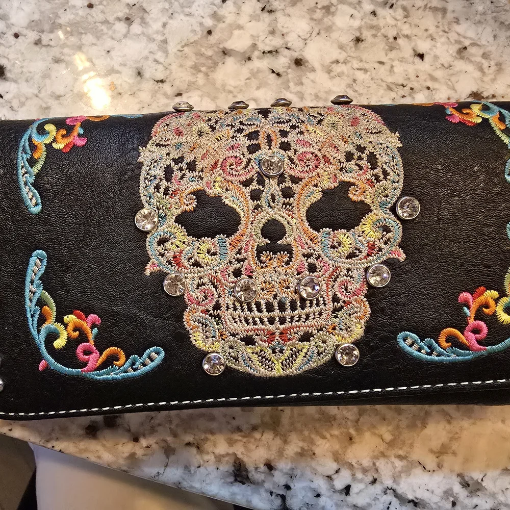 Black Tote with Colorful Embroidered Sugar Skull - Picture 4 of 4